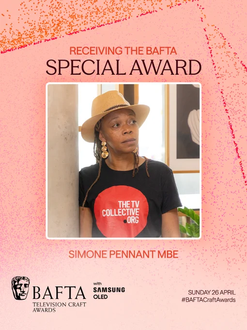 A coral graphic with pink and orange particle detailing and a photo of Simone Pennant MBE. The text reads 'Receiving the BAFTA Special Award, Simone Pennant MBE'