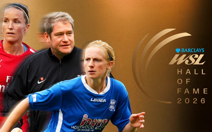 A graphic announcing the Barclays WSL Hall of Fame 2026. The background is a textured gold gradient. On the right side, a stylized gold swoosh design sits next to the cyan and white Barclays logo, above the gold text "WSL HALL OF FAME 2026". On the left, three figures are superimposed together with softly blended edges: Casey Stoney MBE in a red Arsenal kit on the far left, the late Matt Beard in a black zip-up jacket in the middle background, and Kerys Harrop in a blue Birmingham City kit in the foreground, looking intently to the right.