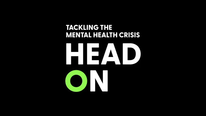 Graphic with a black background and white capitalised text in the middle. This reads 'Tackling the mental health crisis' and then in larger letters 'Head on'. The letter o of 'on' is light green.
