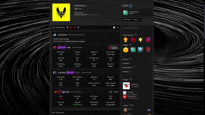 ropz profile with cs2 profile stats extension
