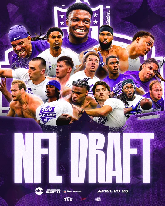 Promotional graphic for TCU Football’s NFL Draft prospects. A collage of multiple TCU players in action poses and training shots is layered over a purple background with a faint NFL shield. Large white text reads “NFL DRAFT,” with smaller text below noting broadcast networks (ABC, ESPN, NFL Network) and the dates “April 23–25.” The TCU logo and branding elements appear at the bottom.