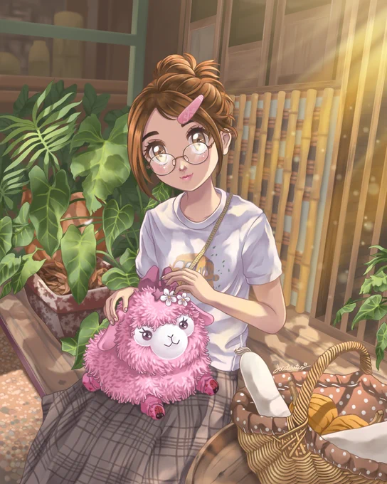 A girl with her hair tied up, wearing glasses, stands in the afternoon sunlight with a pink alpaca, surrounded by trees inside a large wooden house.