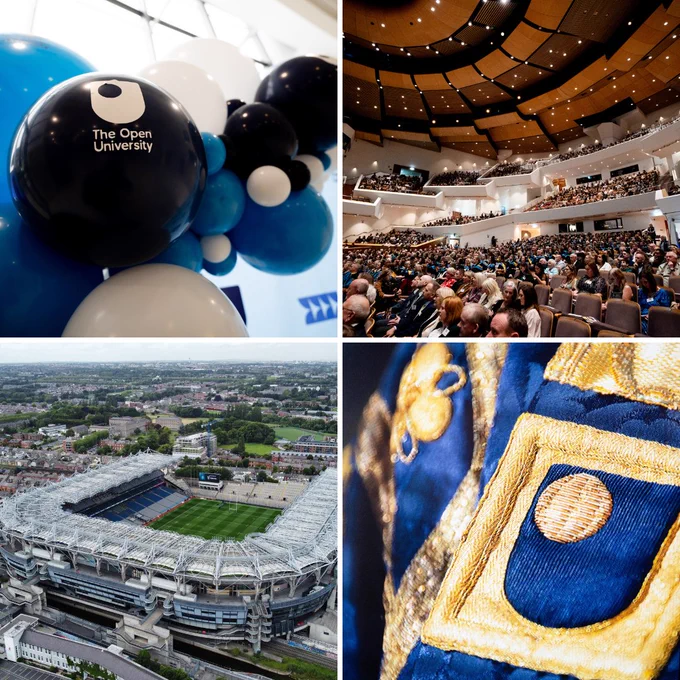 Collage of 4 images from recent Dublin and Belfast OU degree ceremonies showing balloons and the Waterfront Belfast and Croke Park Dublin.