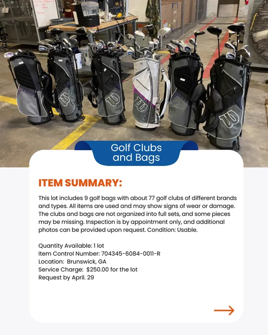 Graphic includes an image of six golf bags and clubs lined up in a row. Graphic also includes written text of the item summary including the purchase price of $250.00 for the lot. 