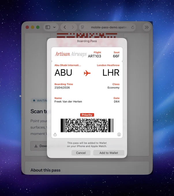 Boarding pass for Artisan Airways flight ART103 from Abu Dhabi to London Heathrow, showing passenger details, seat, and boarding time.
