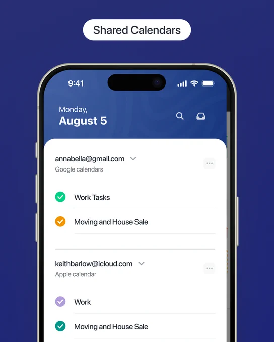 Graphic labeled “Shared Calendars” showing an iPhone screen with the Calendars app open. It displays multiple accounts (Google and Apple) with selected calendars like “Work Tasks,” “Moving and House Sale,” and “Work,” combined into one shared view.