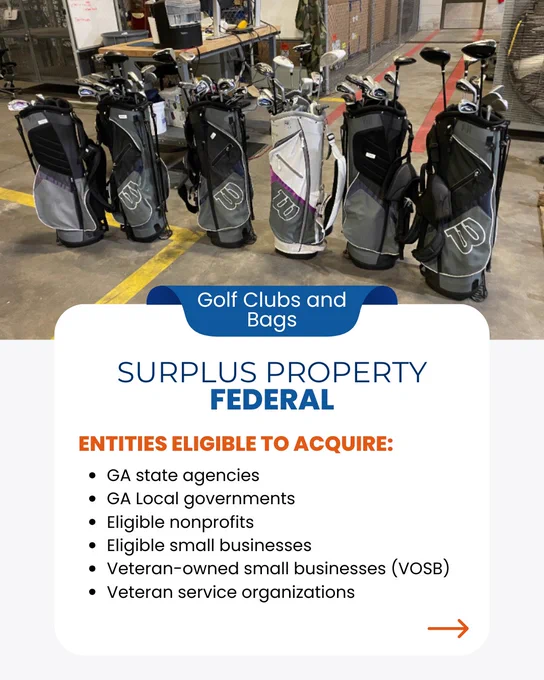 Graphic includes an image of six golf bags and clubs lined up in a row. Graphic also includes written text that include entities eligible to acquire. 