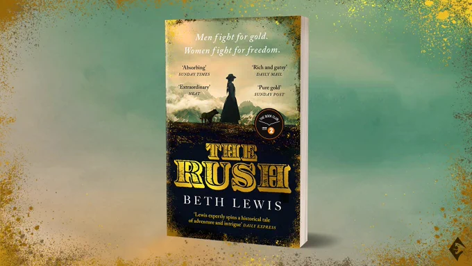A mockup of the paperback of The Rush by Beth Lewis on a background depicting a green sky with a gold border and the Viper logo in the bottom right-hand corner.