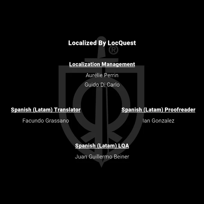 The names and roles of all the localization managers, translators, and LQA specialists involved in localizing the game.
