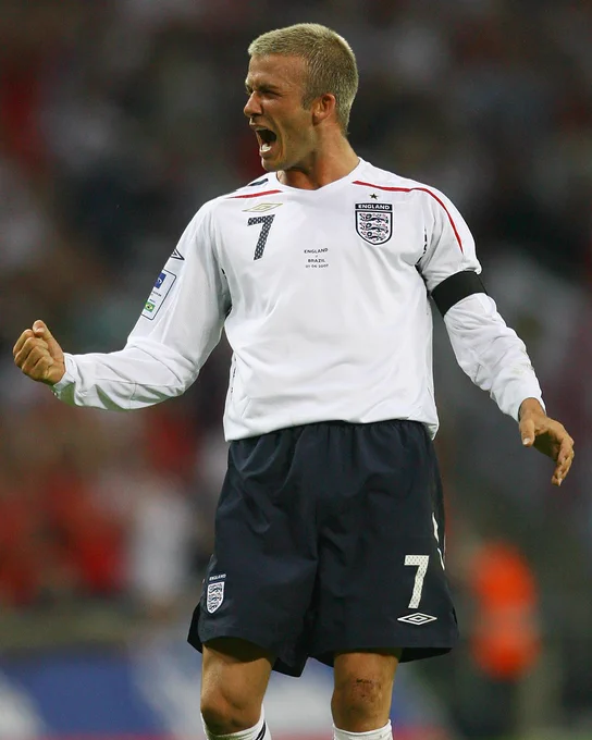 David Beckham celebrates his assist against Brazil in 2007.
