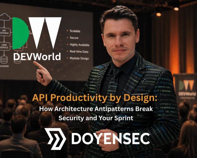 Szymon presenting at a conference in a suit made of code :)