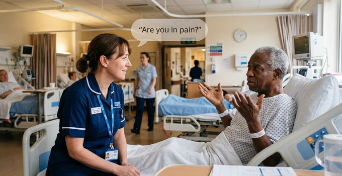 Nurse asking hospital patient if they are in pain