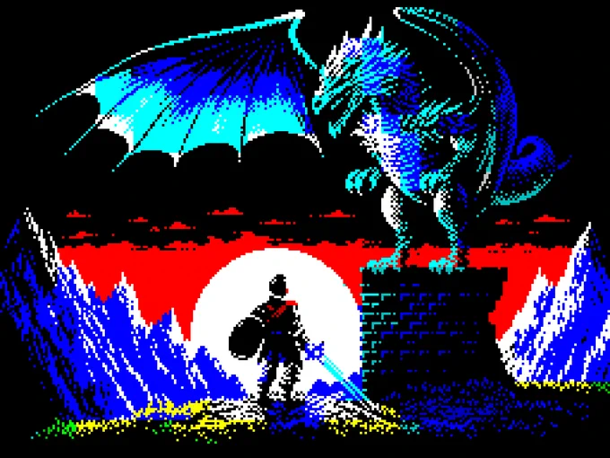 A swordsman is holding a shield and sword and stands on the grass looking up at a large angry dragon standing on a pile of bricks from a destroyed fort or castle. In the background there is a large moon in a red sky surrounded by mountains.