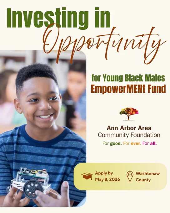 AAACF Investing in Opportunity for Young Black Males EmpowerMENt Fund. Graphic shows young black male student with small robot creation.