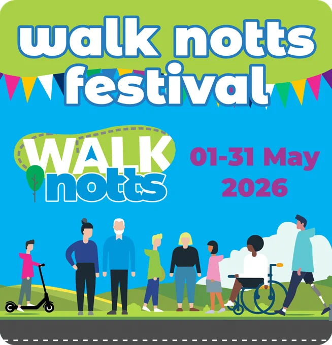 Illustration promoting Walk Notts Festival, showing people walking together, 1–31 May 2026.