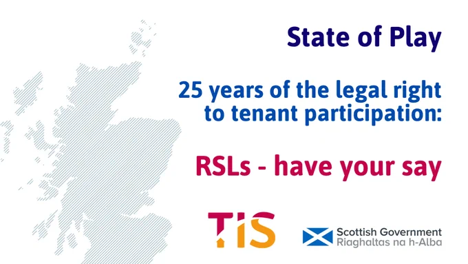 Blue text reads “State of Play 25 years of the legal right to tenant participation: RSLs- have your say. To the left of the image is a blue map of Scotland on a white background. The TIS and Scottish Government logos are visible underneath the text. 