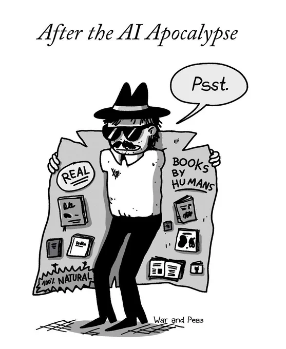 Cartoon by War and Peas, titled "After the AI Apocalypse." A shady figure in a fedora, sunglasses, and moustache opens a trench coat to reveal books pinned inside. The left side reads "REAL" and "100% NATURAL," the right side reads "BOOKS BY HUMANS." The figure whispers, "Psst." Black-and-white illustration on a pavement background.
