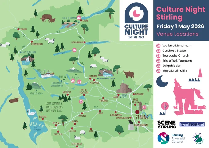 A map that shows the places in Stirling city centre and Stirlingshire where events will pop-up, from pubs, clubs, hotels and visitor attractions to outdoor spaces and a shopping centre.