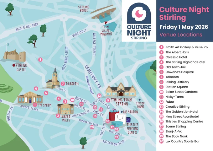A map that shows the places in Stirling city centre and Stirlingshire where events will pop-up, from pubs, clubs, hotels and visitor attractions to outdoor spaces and a shopping centre.