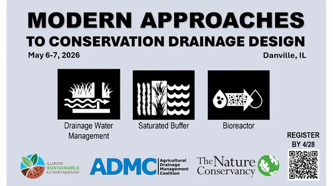Graphic showing three different edge of field practices for conservation drainage as well as sponsor logos and a QR code to register. 