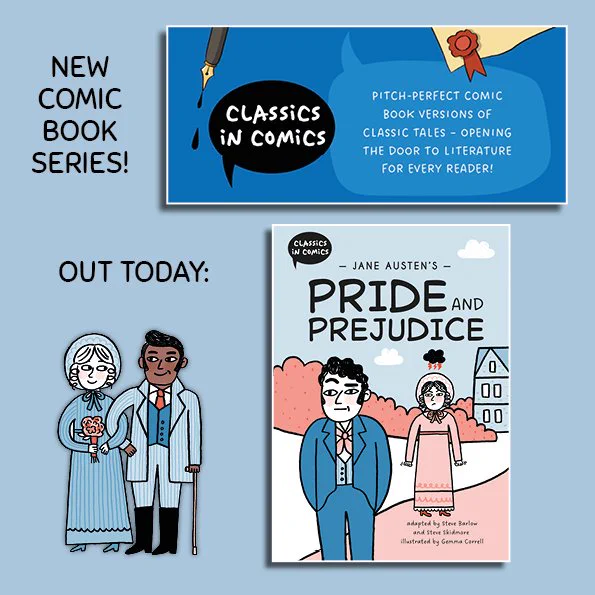 images announcing the series, including the Classics in Comics speech bubble logo, the cover of the first book and artwork of Jane and Bingley arm-in-arm looking sweet
