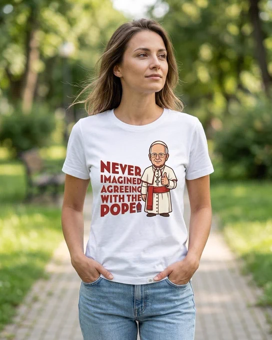 A satirical graphic design featuring a friendly cartoon of Pope Leo XIV smiling and giving a thumbs-up. To the left, large, distressed red text in a bold, slanted font reads "NEVER IMAGINED AGREEING WITH THE POPE." A small red papal mitre icon sits at the bottom of the text block.