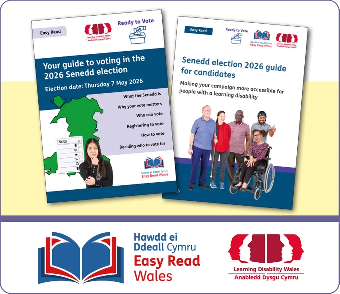 Front covers of Easy Read Your guide to voting in the 2026 Senedd election and Easy Read Senedd election 2026 guide for candidates.