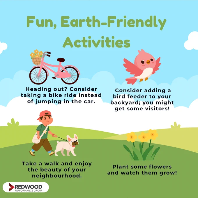 Illustration promoting fun, earth-friendly activities like biking, walking a dog, planting flowers, and adding a bird feeder, set in a bright outdoor scene.