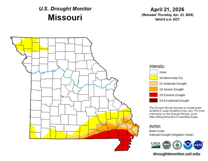 Map of Missouri showing drought conditions on April 21, 2026, with extreme drought in the southeast and moderate to abnormal dryness in other areas.