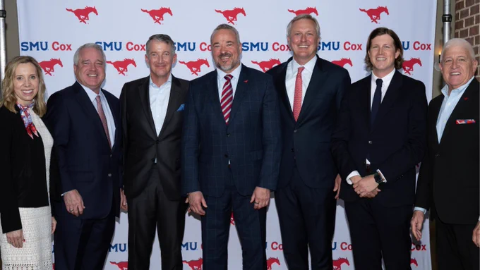 A group photo of the SMU Cox School of Business Distinguished Alumni honorees: Rob C. Holmes (MBA ’89), chairman, president and CEO of Texas Capital, and Kyle Miller (B.B.A. ’01), founder and CEO of Silver Hill Energy Partners, as well as Outstanding Young Alumni Alicia Andrews Joseph (MBA ’14), global vice president of marketing at LeadsOnline, and James Jensen Ruth (B.B.A. ’07), chief marketing officer of the Tampa Bay Buccaneers. The honorees are joined by SMU President Jay Hartzell, SMU Cox Dean Todd Milbourn and SMU Cox Assistant Dean & Executive Director, Cox Alumni Association Kevin Knox.