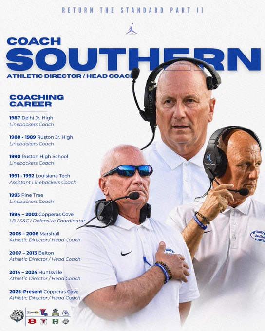 Graphic titled “Return The Standard Part II” featuring Coach Southern as Copperas Cove Athletic Director / Head Coach, highlighting his 39-year coaching career timeline from Louisiana Tech (1992) through Pine Tree, Copperas Cove, Marshall, Belton, Huntsville, and back to Copperas Cove (2025–Present), with multiple action images of him on a clean white background in Dawgs blue branding.