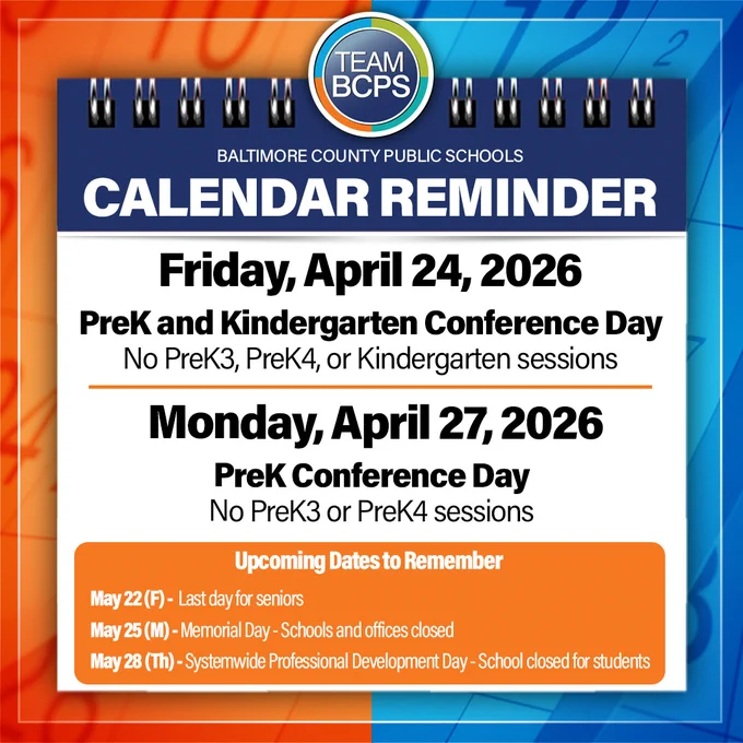 Baltimore County Public Schools calendar reminder for conference days on April 24 and 27, 2026.