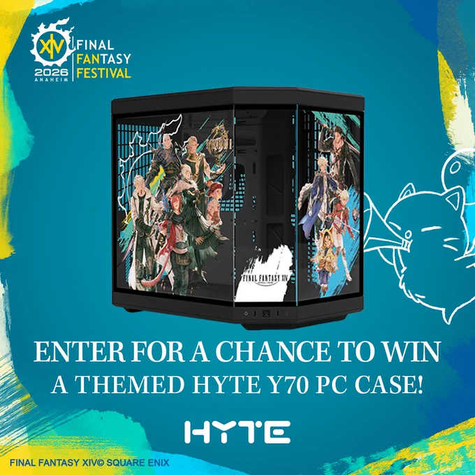 A banner for a Final Fantasy 14 and Hyte Sweepstakes. On the banner is a FFXIV themed HYTE Y70 PC Case. Text reads Enter for a chance to win a themed HYTE Y70 PC Case. In the background is the Final Fantasy 14 Fan Festival in Anaheim logo and the HYTE brand logo. Final Fantasy 14 copyright of Square Enix.