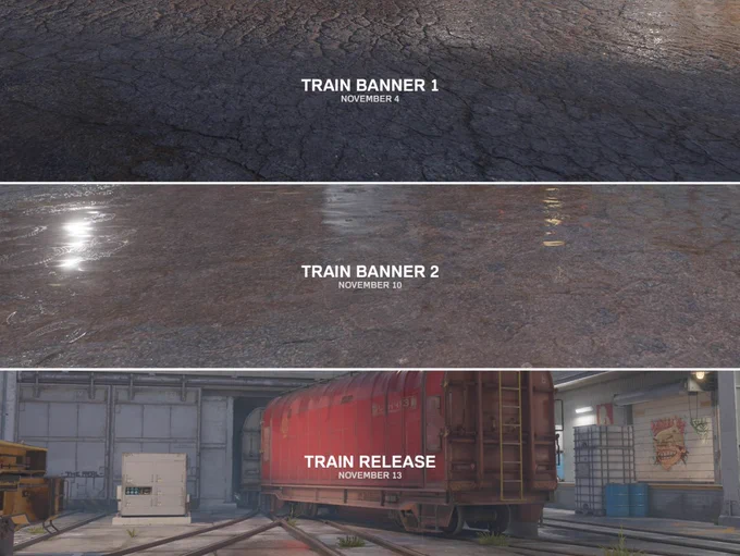 Image showing three images of de_train from Counter-Strike 2. It contains the following text:

• Banner 1 - November 4
• Banner 2 - November 10
• Release - November 13