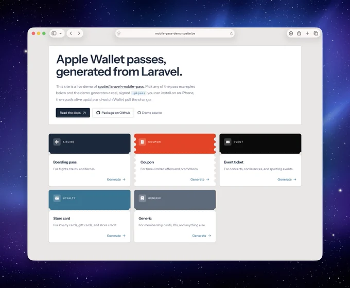 A website demo displays options for generating Apple Wallet passes, including boarding, coupon, event, and store cards.