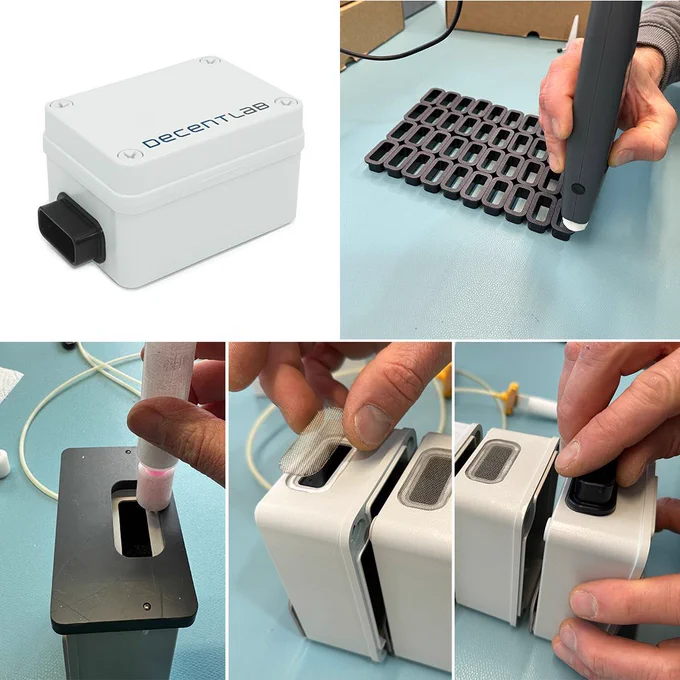 Production collage of the Decentlab DL-LP8P CO₂ sensor for LoRaWAN. Five images showing key assembly steps: the finished white sensor enclosure with black ventilation opening, rubber seals being precision-cut with a hand tool, protective membrane being applied over the ventilation slot, and the final assembly with mesh filter fitted in place. Hand-assembled in Dübendorf, Switzerland.