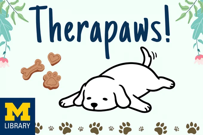 Therapaws! and a dog with a wagging tail.