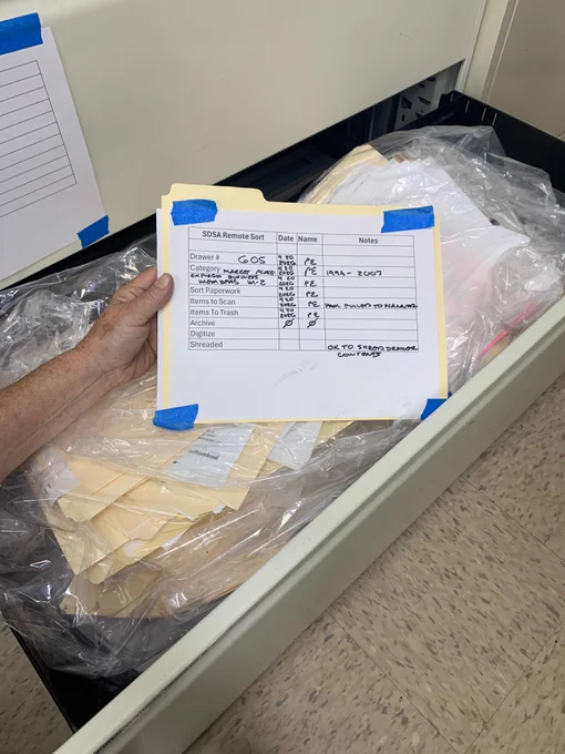 Each drawer has a label to keep track on what has been done and who worked on the file. 
Once we've gone through all 23 file drawers we'll contact the shredding company...to come on down!