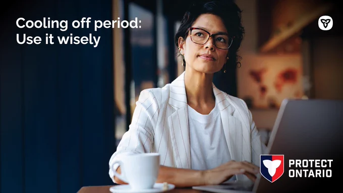Woman on computer and thinking. Text: Cooling off period: Use it wisely