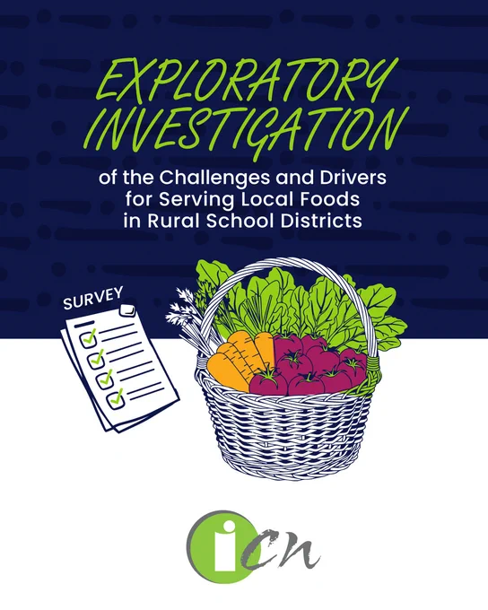 Basket filled with vegetables like carrots and beets next to a survey checklist. Title: "Exploratory Investigation of the Challenges and Drivers for Serving Local Foods in Rural School Districts." Logo at the bottom.