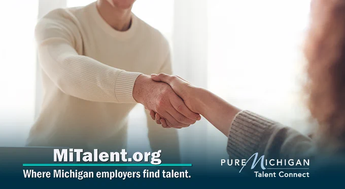 Two people shaking hands. Text on image says, "MiTalent.org, where Michigan employers find talent."