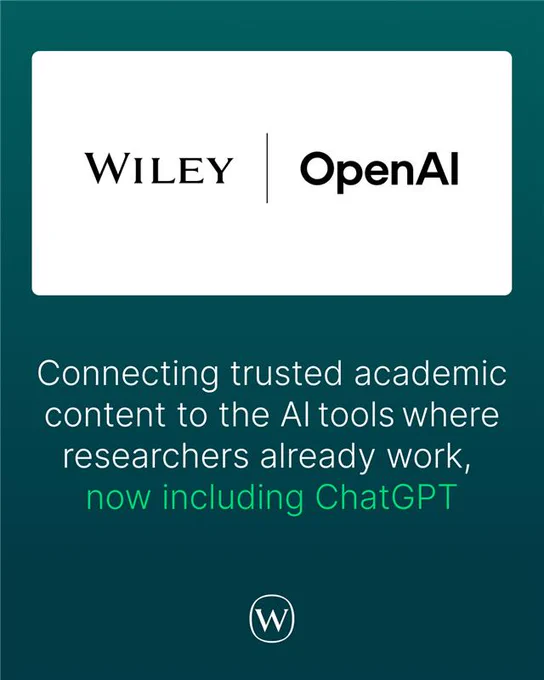Wiley and OpenAI logos above text about integrating trusted academic content with AI tools including ChatGPT for researchers.