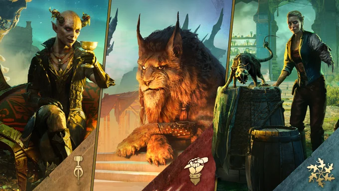 The image is split into three panels, each depicting a Night Market faction leader and their faction’s symbol. 