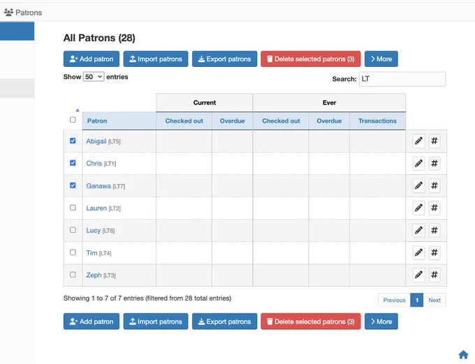 Screenshot of the Patrons page, with three patrons selected, four unselected, and a new red "Delete selected patrons (3)" button lit up.