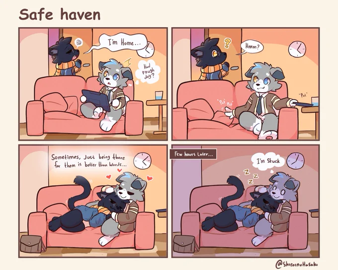 Panel 1: Xyphanix comes back from work
Panel 2: Hasaki invites xyphanix to join them in couch
Panel 3: Cuddle and comfort time
Panel 4: Hasaki have been stuck for few hours