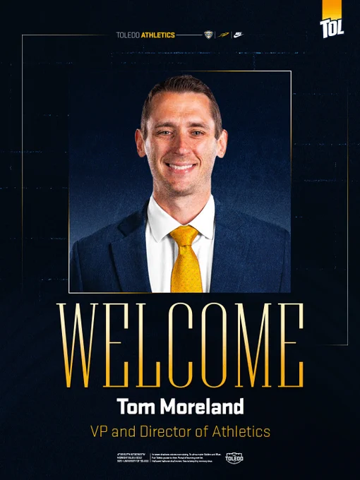 Graphic with photo of Tom Moreland announcing him as Toledo Athletics next VP and Director of Athletics