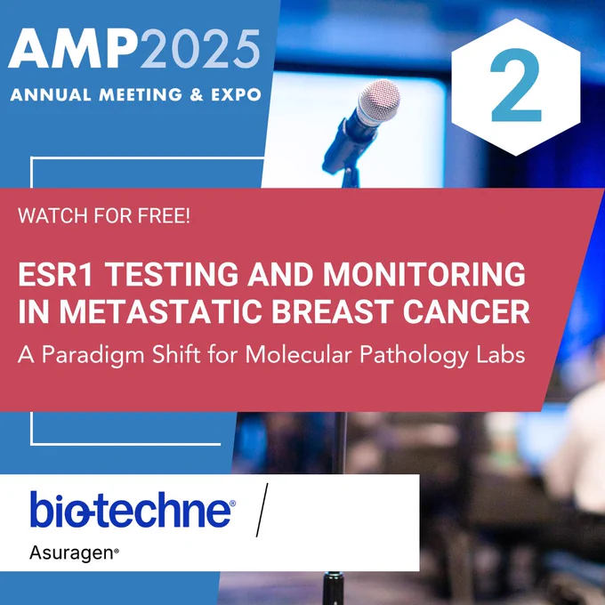 Microphone on stage at AMP 2025 Annual Meeting promoting free session on ESR1 testing in metastatic breast cancer by Bio-Techne Asuragen.