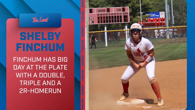 Player spotlight: Shelby Finchum, big day with a double, triple, 2R-HR. Player cheering at 3B.