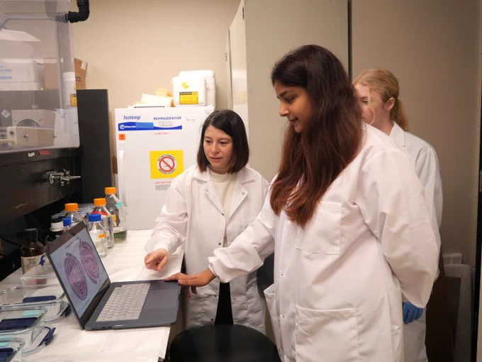 Researchers wearing white coats around a computer. 