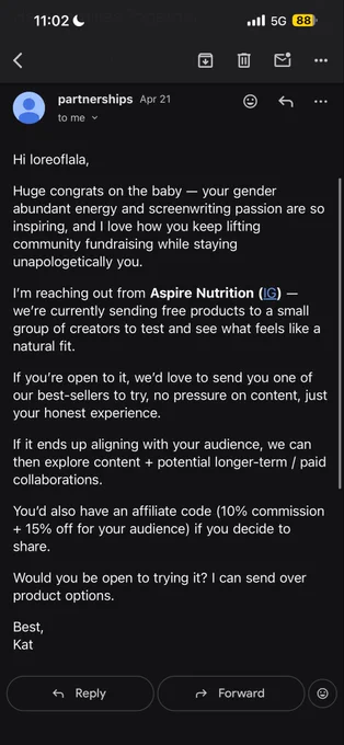 outreach email to lala for a collab starting with “huge congrats on the baby.”